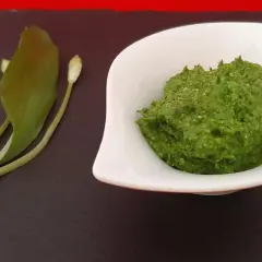 Un bol de pesto vert vif à l'ail des ours, accompagné de quelques feuilles et boutons de la plante.