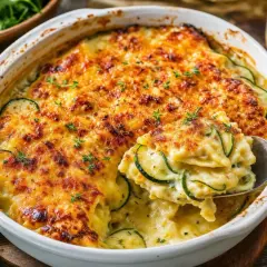 Un gratin de ravioles aux courgettes, doré et gratiné, avec une sauce crémeuse et des herbes fraîches. Un délice réconfortant.