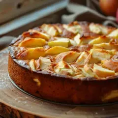 Gâteau yaourt pomme doré, garni de quartiers de pommes caramélisés, saupoudré de sucre glace. Un délice maison.
