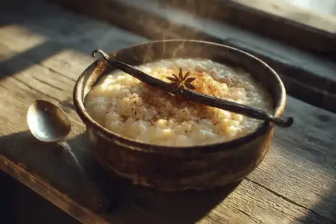 Un bol de riz au lait fumant, garni d'une gousse de vanille et d'une étoile de badiane, sur une table en bois.
