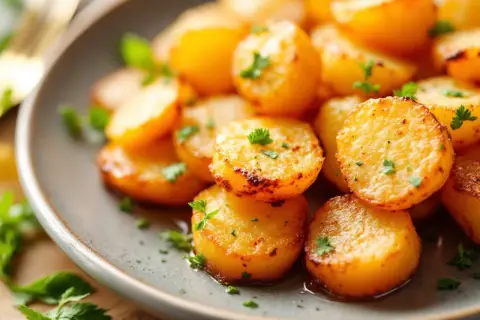 Assiette de pommes de terre sautées dorées et garnies de persil frais. Un délice croustillant et savoureux.