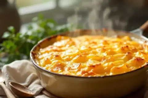 Un plat fumant de gratin dauphinois, doré et crémeux, prêt à être dégusté.