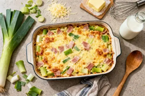 Un délicieux gratin de poireaux, garni de lardons et gratiné au fromage, prêt à être dégusté.
