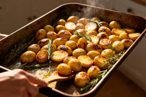 Pommes de terre grenaille au four, dorées et fumantes, parsemées de romarin et de thym. Un délice croustillant prêt à être dégusté.