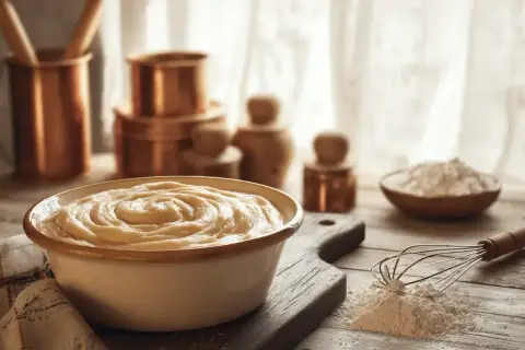Un bol de pâte à beignet crémeuse, prêt à être cuisiné. Des ustensiles de cuisine en cuivre et de la farine sont visibles en arrière-plan.