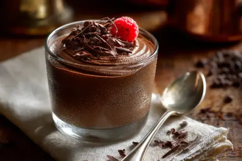 Délicieuse mousse au chocolat noir, garnie de copeaux de chocolat et d'une framboise fraîche. Un délice pour les amateurs de chocolat.