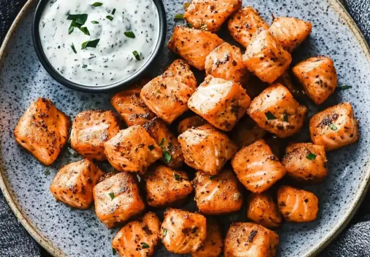 Délicieux saumon air fryer, croustillant à l'extérieur, tendre à l'intérieur, servi avec une sauce crémeuse aux herbes.