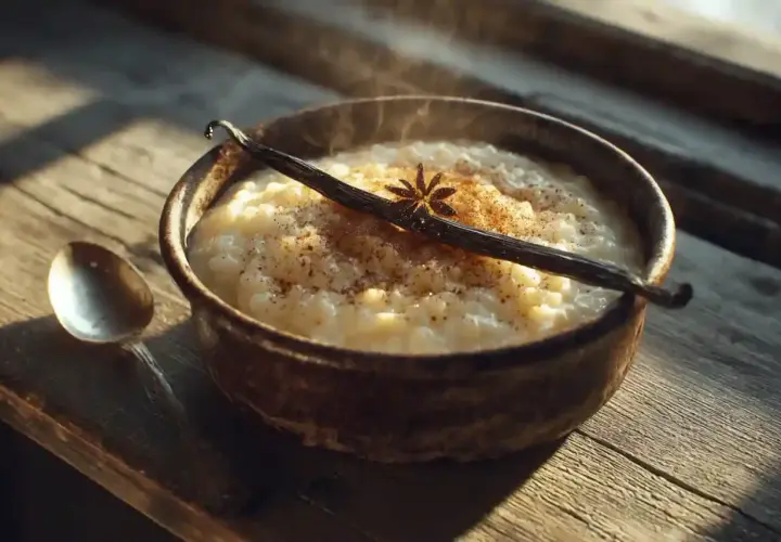 Un bol de riz au lait fumant, garni d'une gousse de vanille et d'une étoile de badiane, sur une table en bois.