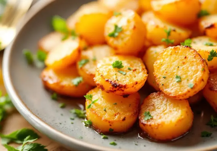 Assiette de pommes de terre sautées dorées et garnies de persil frais. Un délice croustillant et savoureux.