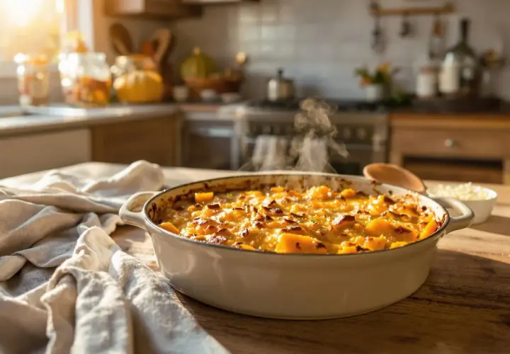 Un gratin de courge fumant sort du four, prêt à être dégusté. La lumière du soleil illumine la cuisine chaleureuse.