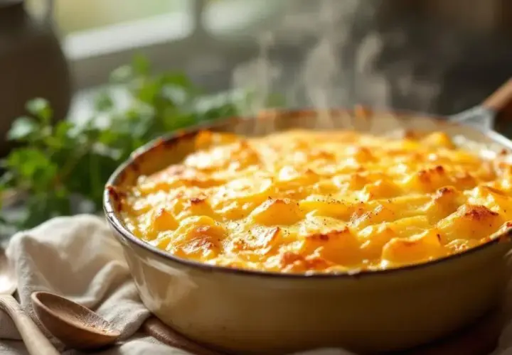Un plat fumant de gratin dauphinois, doré et crémeux, prêt à être dégusté.