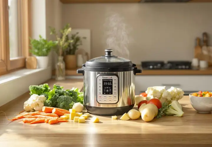 Légumes frais prêts pour la cuisson à la cocotte minute. Le temps de cuisson des légumes à la cocotte minute est affiché : 39:50.