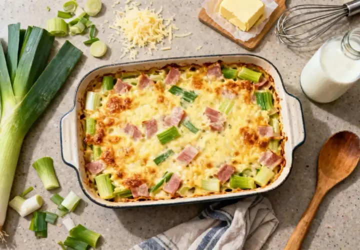 Un délicieux gratin de poireaux, garni de lardons et gratiné au fromage, prêt à être dégusté.