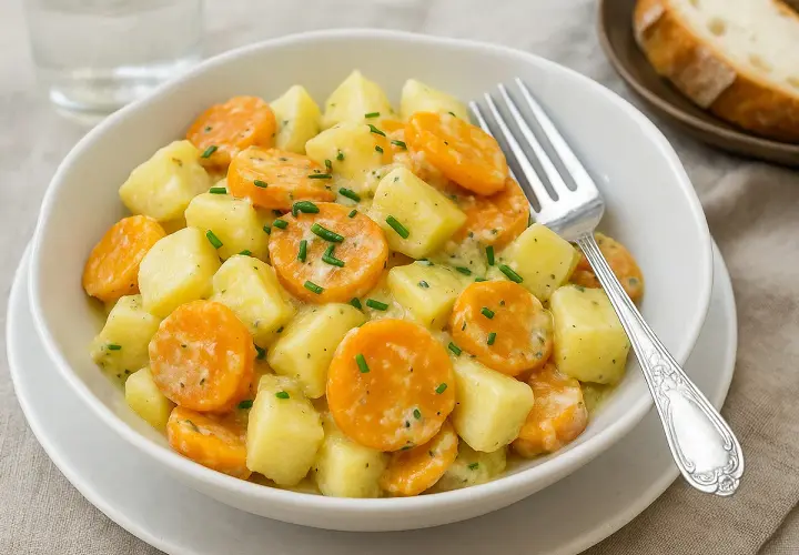 Carottes Vichy et pommes de terre crémeuses, parsemées de ciboulette. Un plat simple et savoureux, parfait pour le Cookeo.