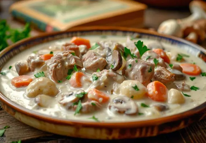Blanquette de veau onctueuse, parsemée de carottes, champignons et persil. Un plat réconfortant préparé au Cookeo.