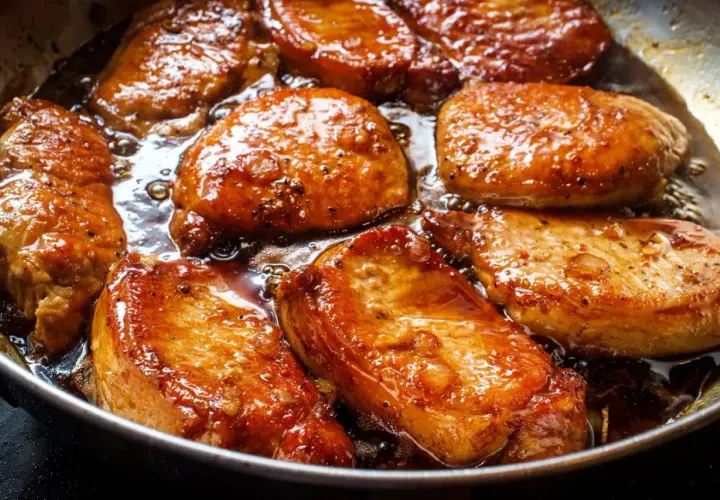 Filet mignon en train de dorer dans une poêle, baignant dans une sauce savoureuse. La marinade leur donne une belle couleur caramélisée.