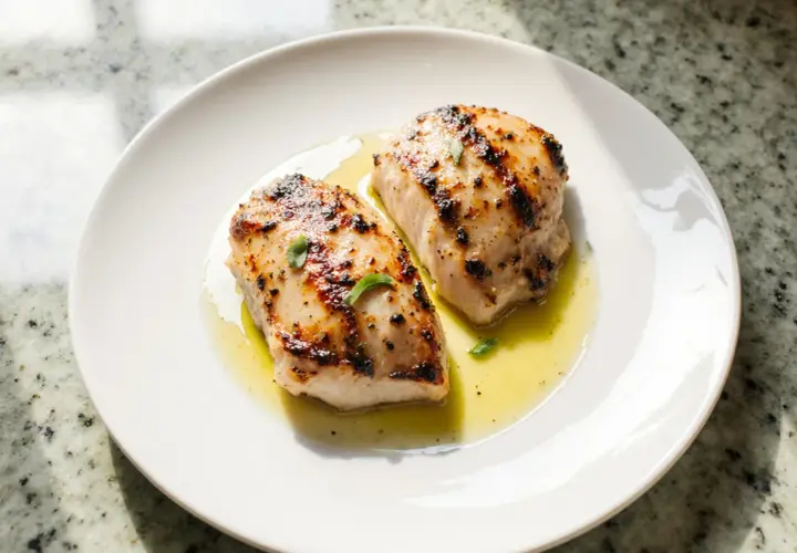 Deux morceaux de blanc de poulet airfryer, dorés et juteux, servis sur une assiette blanche avec un filet d'huile et quelques herbes.