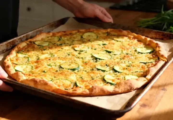 Une galette de courgette dorée et appétissante, garnie de fines rondelles de courgettes et de fromage râpé, sort du four.