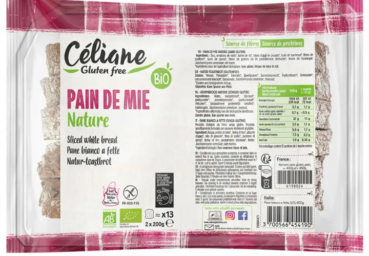 Pain de mie nature sans gluten, idéal pour un petit-déjeuner ou un en-cas sain. Ce pain sans gluten est aussi bio.