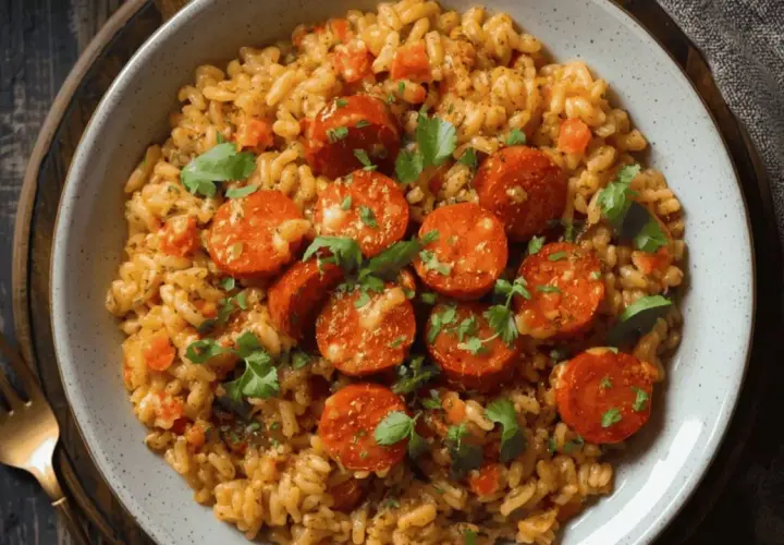 Un délicieux risotto chorizo, facile à préparer au Thermomix, garni de persil frais.