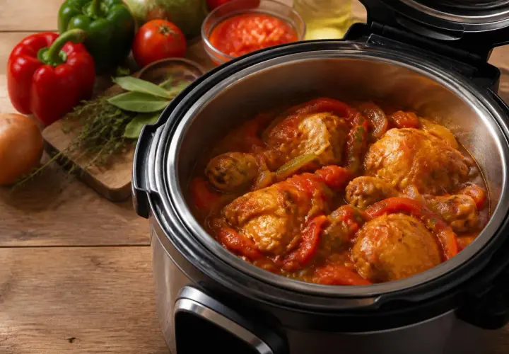 Poulet basquaise mijoté dans un Cookeo, avec poivrons, tomates et oignons. Un plat savoureux prêt à être dégusté.