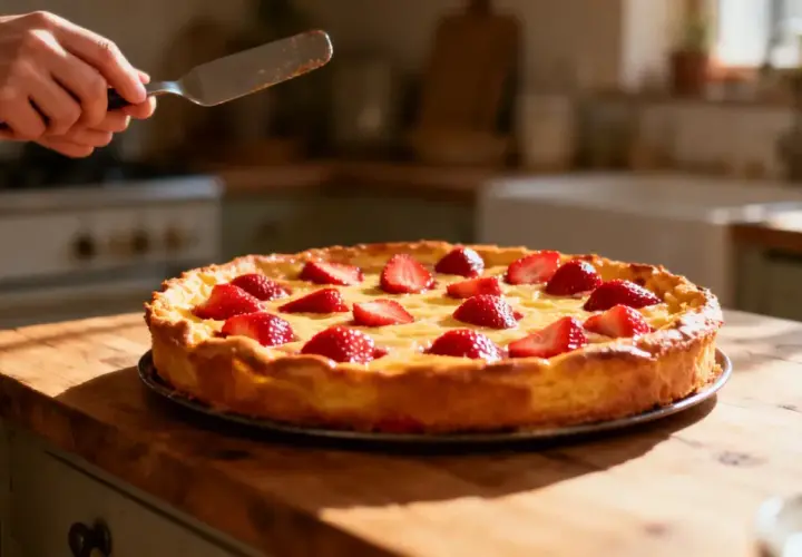 Un délicieux clafoutis aux fraises, doré et garni de fruits rouges, prêt à être servi.
