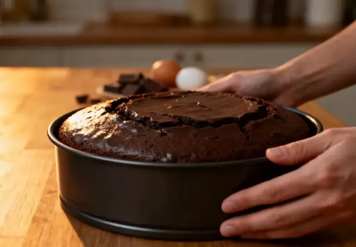 Un gâteau au chocolat tout juste sorti du moule, prêt pour une recette facile. Des ingrédients comme des œufs et du chocolat sont visibles en arrière-plan.