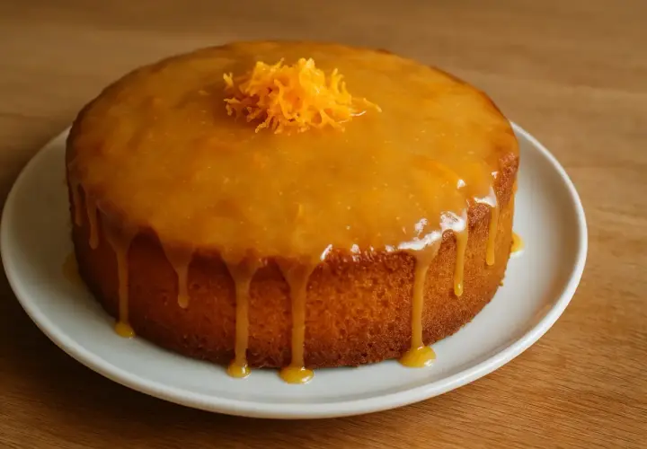 Un délicieux gâteau à l'orange, nappé d'un glaçage brillant et garni de zestes d'orange.