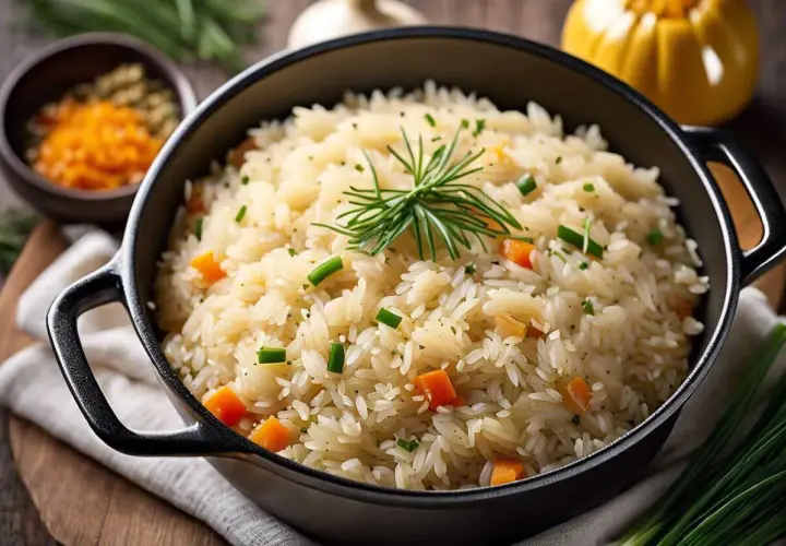 Un plat de riz pilaf aux carottes et oignons verts, garni d'une branche de romarin. Une recette simple et savoureuse.