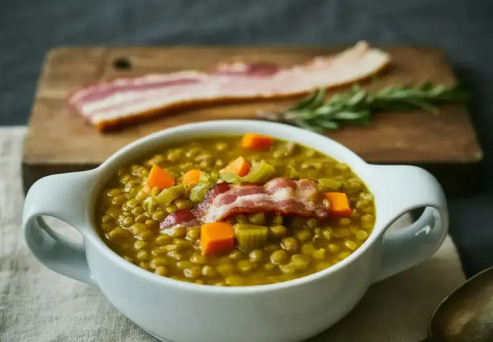 Un bol de soupe de lentilles réconfortante, garnie de lard croustillant et de dés de carottes. Une branche de romarin et du bacon cru sont disposés sur une planche à découper en arrière-plan.