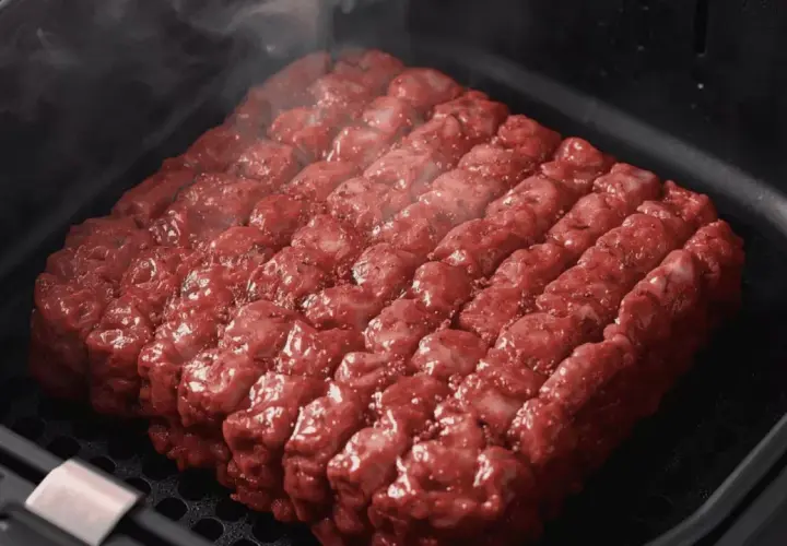 Un steak haché carré, assaisonné, cuit à la perfection dans un air fryer, dégageant une légère vapeur.