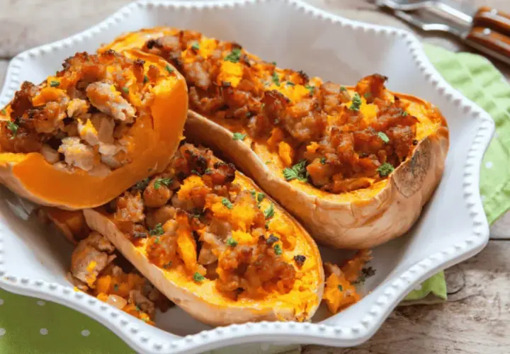 Courges butternut farcies, garnies de viande et d'herbes, prêtes à être dégustées après un passage à l'air fryer.
