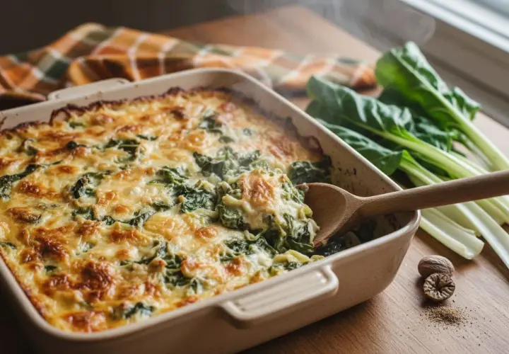 Un gratin de blettes fumant, doré et crémeux, servi à la cuillère en bois. Des blettes fraîches et des noix de muscade complètent ce plat réconfortant.