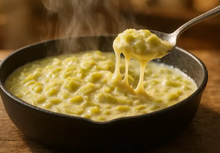 Une cuillère de fondue de poireaux crémeuse et fumante, prête à être dégustée. Une recette réconfortante.