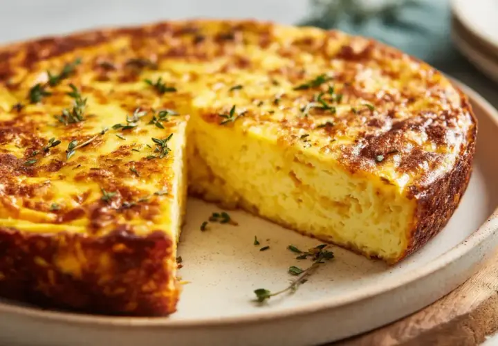 Une délicieuse quiche sans pâte dorée, garnie de thym frais, prête à être dégustée.