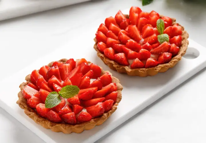 Deux tartelettes gourmandes aux fraises fraîches et crème pâtissière, ornées d'une feuille de menthe. Un délice estival.
