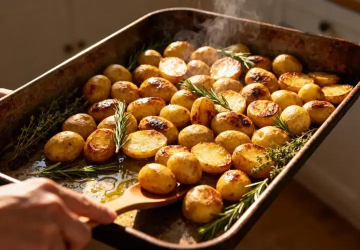Pommes de terre grenaille au four, dorées et fumantes, parsemées de romarin et de thym. Un délice croustillant prêt à être dégusté.