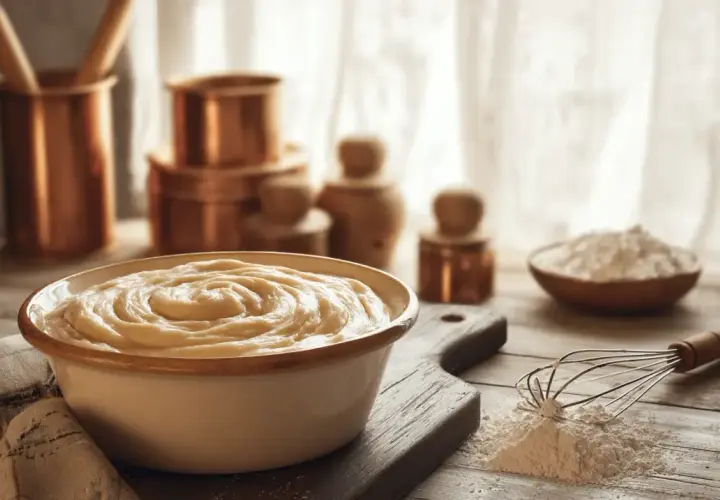 Un bol de pâte à beignet crémeuse, prêt à être cuisiné. Des ustensiles de cuisine en cuivre et de la farine sont visibles en arrière-plan.
