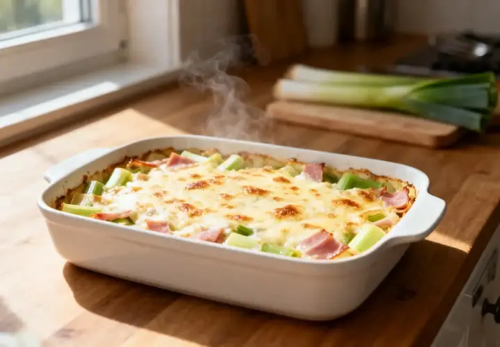 Gratin de poireaux au jambon, gratiné et fumant, prêt à être dégusté.