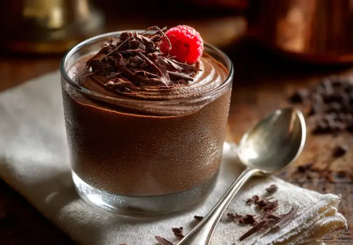 Délicieuse mousse au chocolat noir, garnie de copeaux de chocolat et d'une framboise fraîche. Un délice pour les amateurs de chocolat.