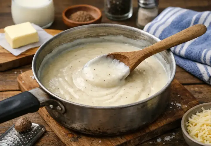 Une cuillère en bois remue une béchamel onctueuse dans une casserole. Parfait pour une recette béchamel rapide et savoureuse.