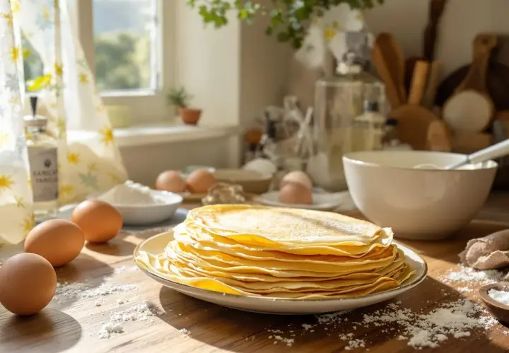 Pile de crêpes dorées saupoudrées de sucre, avec des œufs et de la farine sur une table en bois.