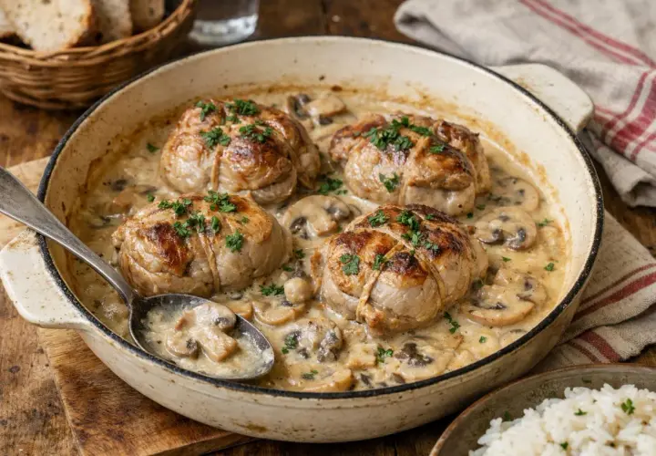 Quatre paupiettes de veau dorées, nappées d'une sauce crémeuse aux champignons, garnies de persil frais. Un plat réconfortant.