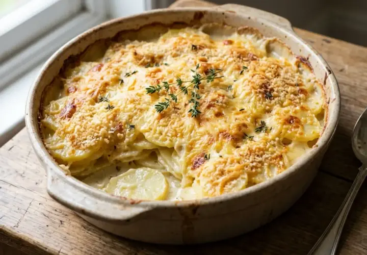 Un plat de gratin dauphinois facile, doré et crémeux, garni de thym frais, prêt à être dégusté.