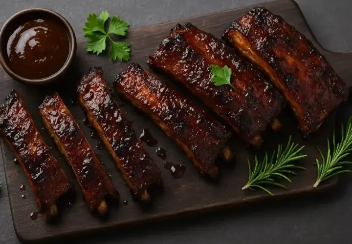Travers de porc caramélisés, brillants et appétissants, accompagnés d'une sauce barbecue et de romarin frais. Un délice pour les amateurs de viande.