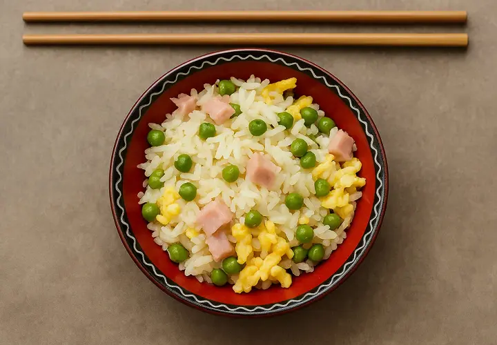 Un bol de riz cantonais, facile à préparer avec le Cookeo, garni de petits pois, dés de jambon et omelette.