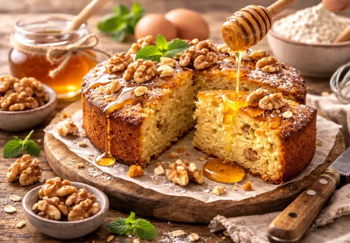 Un gâteau aux noix, arrosé de miel doré, parfait pour une recette gâteau moelleux. Des ingrédients frais et une touche de menthe complètent ce délice.