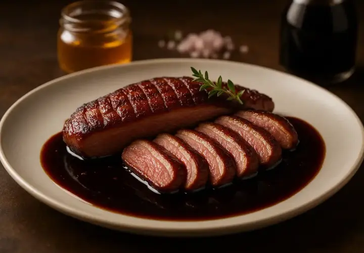 Magret de canard tranché, nappé d'une sauce riche et sombre. Un délice pour accompagner votre plat.
