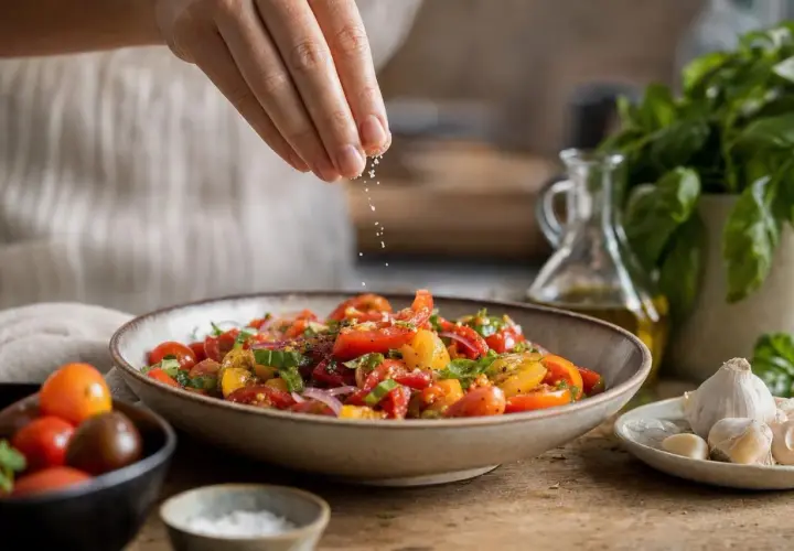 Une main sale du sel sur une salade de tomates colorée, garnie de basilic frais et d'oignons rouges.