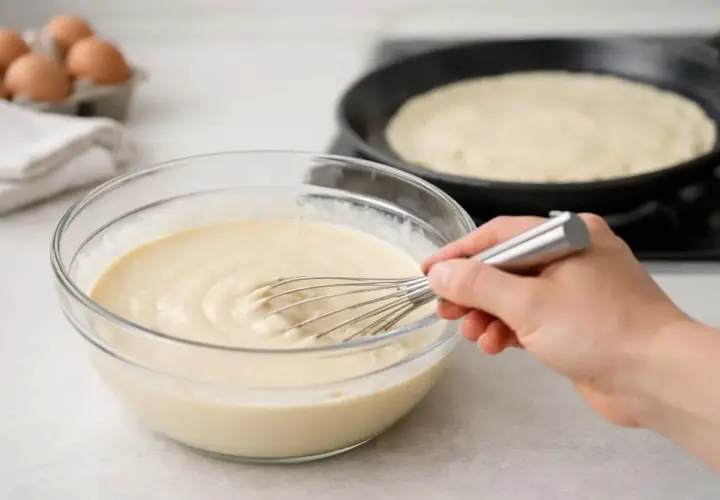 Préparation de la pâte à crêpe dans un bol en verre, avec une crêpe en cuisson dans une poêle au fond.
